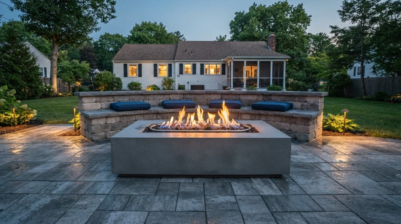 Concrete gas fire pit, Massachusetts backyard patio