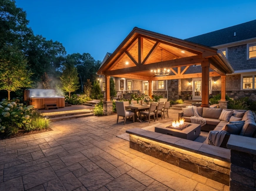 Concrete paver patio with timber pavilion, fire pit, hot tub, Massachusetts home