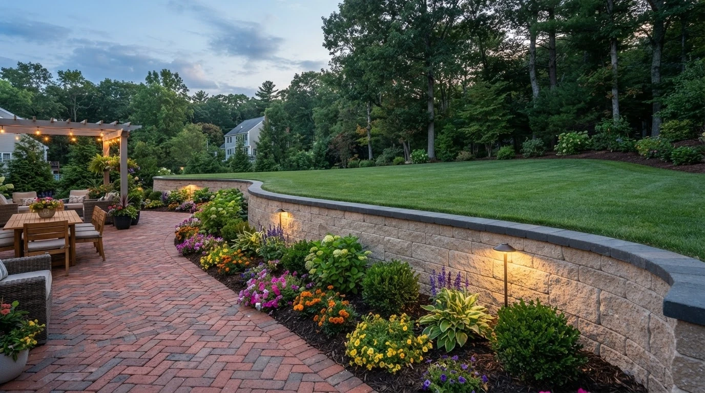Curved block wall with landscape lighting