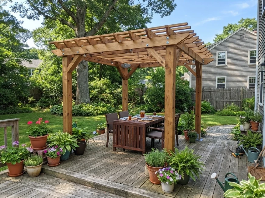 DIY-installed wooden pergola kit on backyard deck