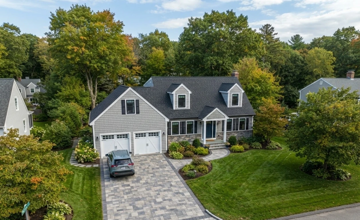 Drone aerial view of suburban cape style home paver driveway and cobblestone border in Lynnfield Massachusetts