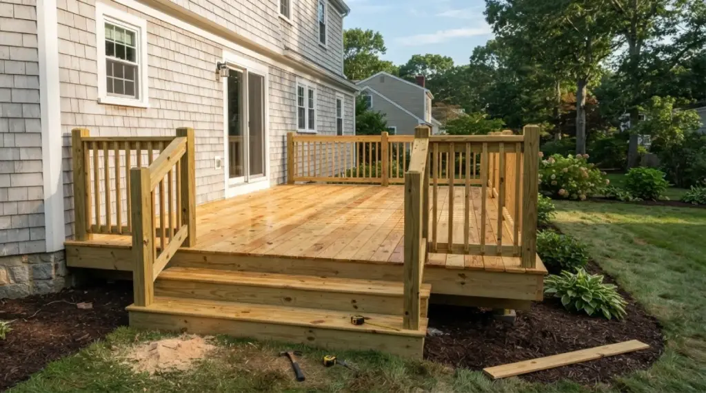 Fresh pressure-treated wood deck under construction