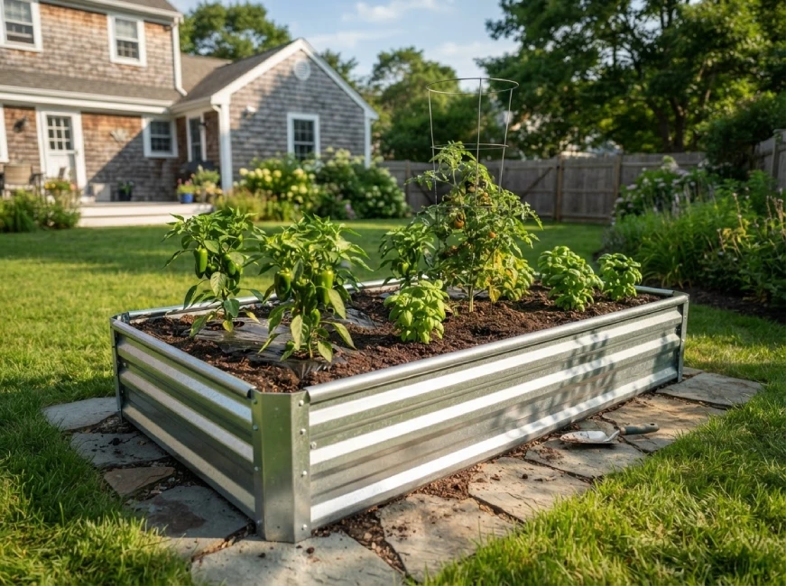 Galvanized raised bed with peppers, basil, and tomato in Massachusetts backyard