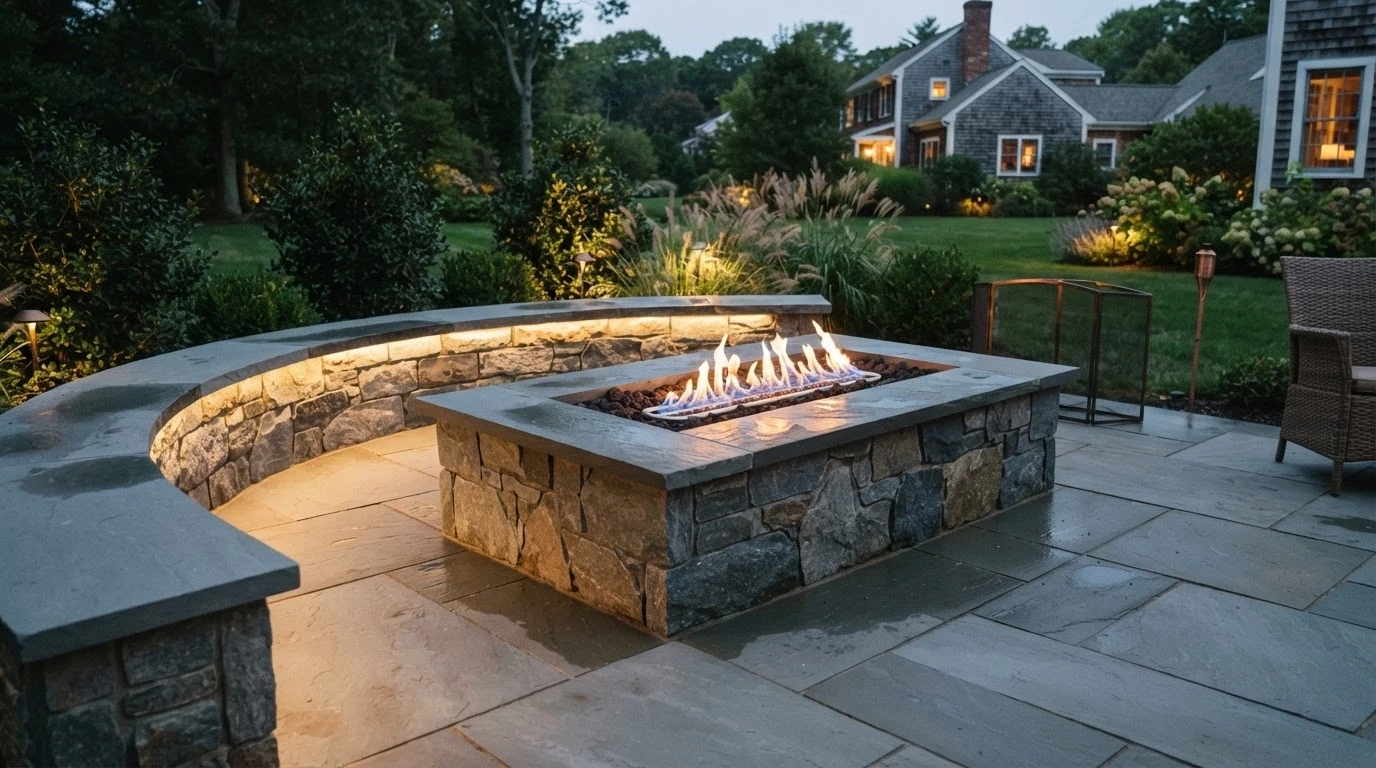 Gas fire pit with curved stone seating wall MA