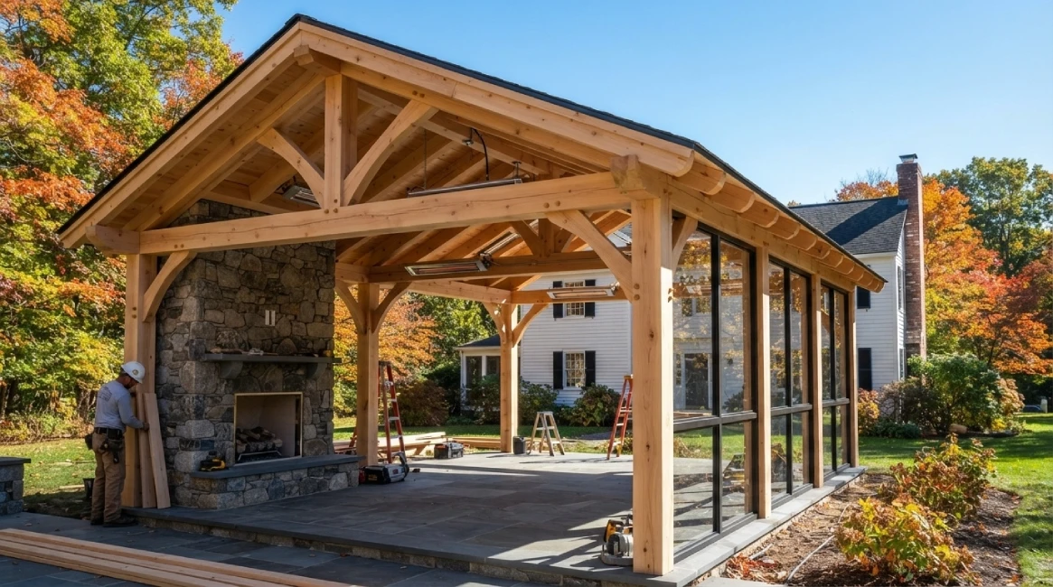 Large timber frame pavilion mid-construction with stone fireplace and screened side wall
