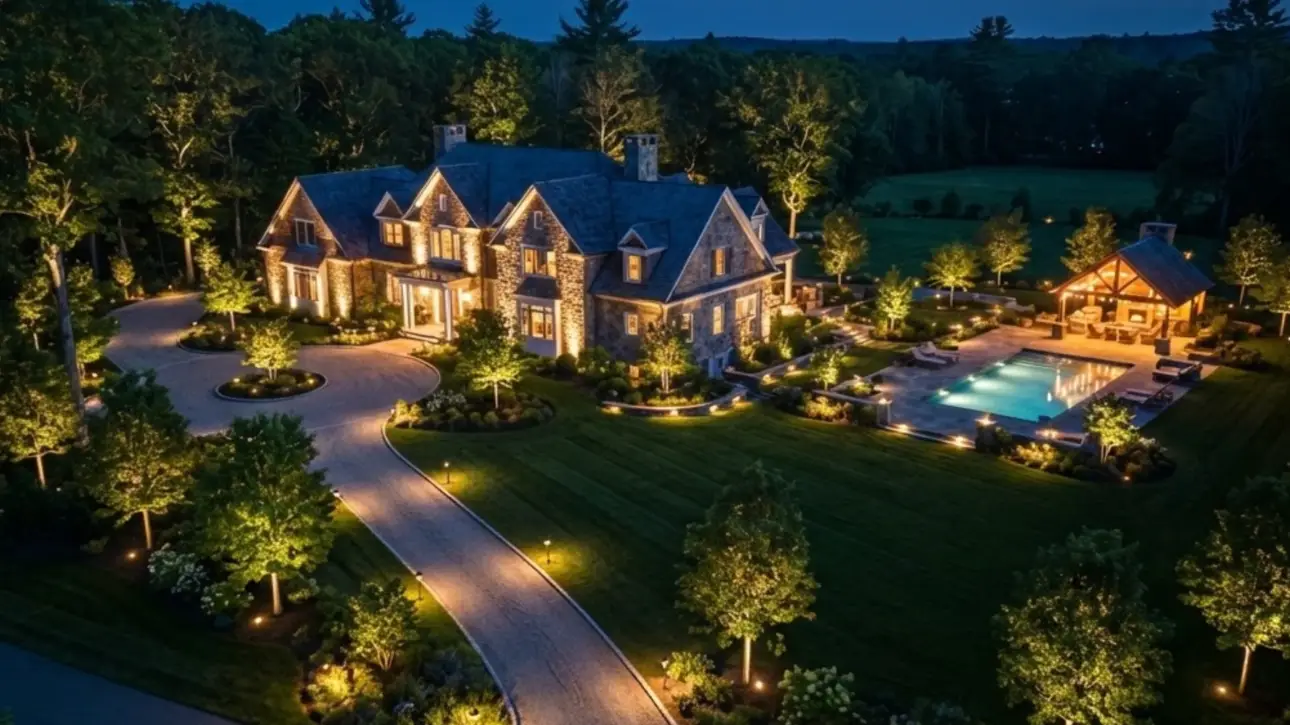 Luxury MA estate night lighting aerial