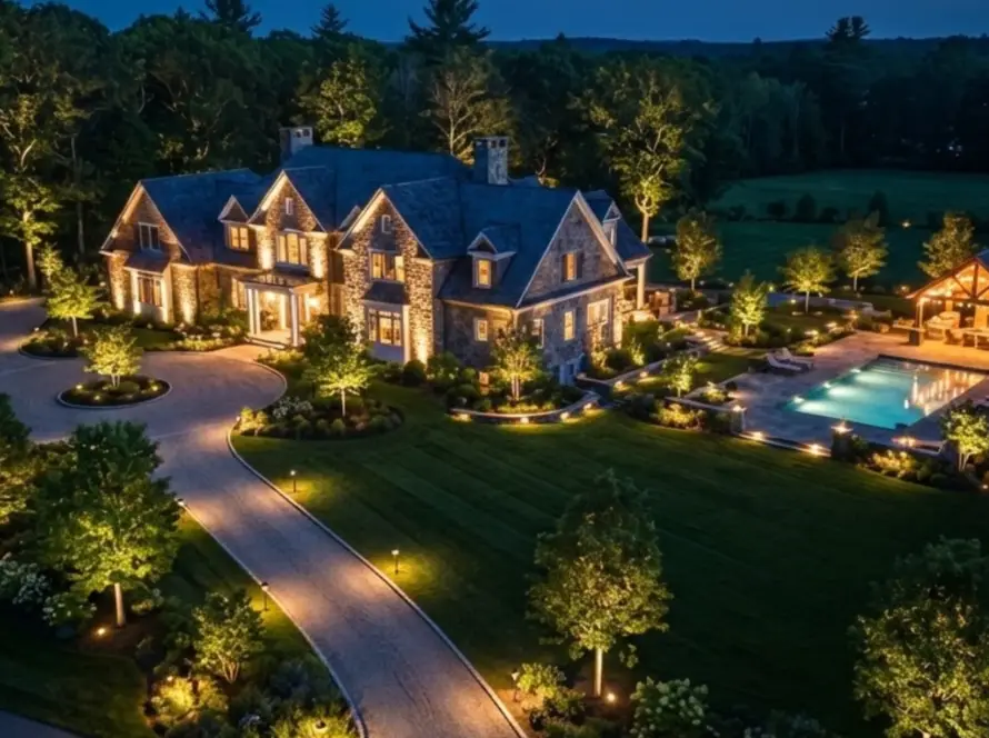 Luxury MA estate night lighting aerial