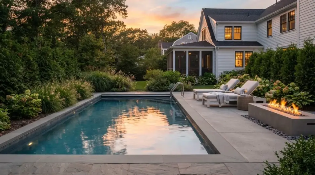 Luxury plunge pool with lounge chairs in MA