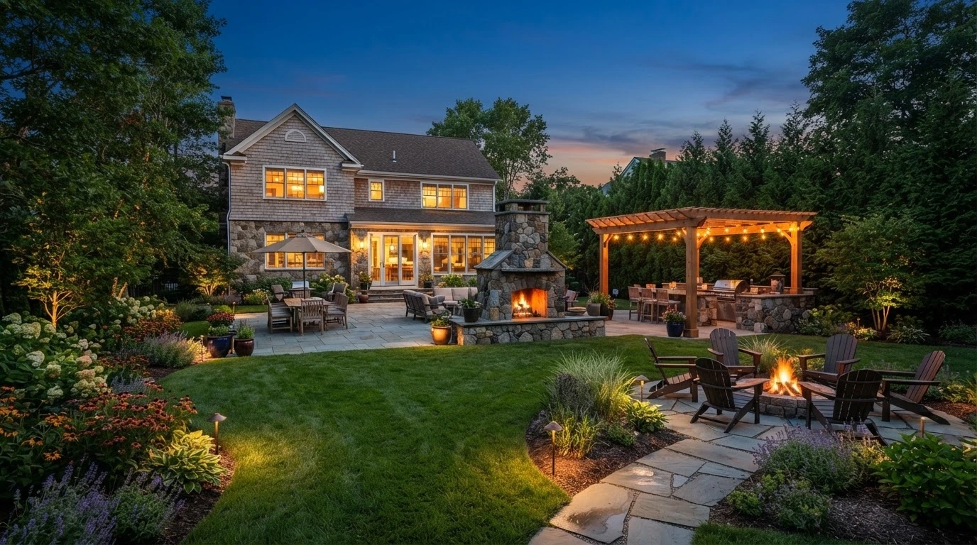 Massachusetts backyard with stone fireplace, bluestone patio, outdoor kitchen and pergola at dusk