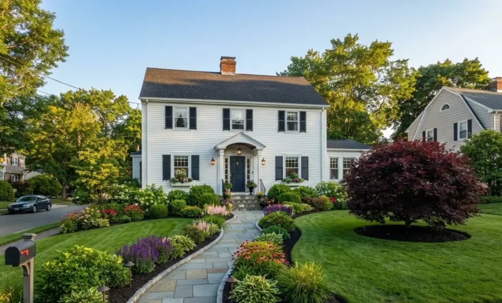 Massachusetts colonial home with flagstone walkway