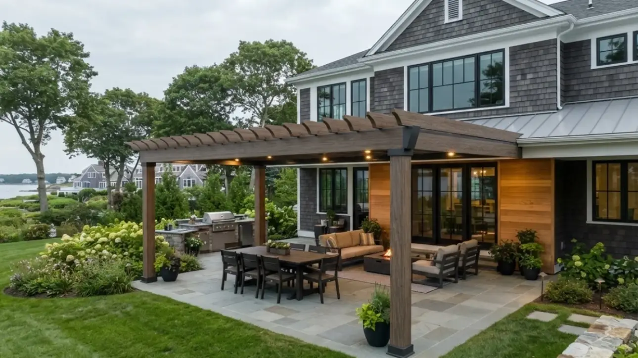 Modern aluminum pergola, wood-grain finish, bluestone patio, integrated LED lighting