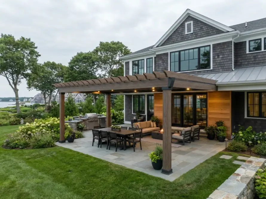 Modern aluminum pergola, wood-grain finish, bluestone patio, integrated LED lighting