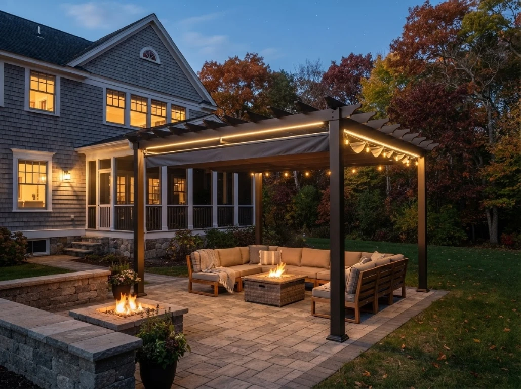 Motorized bioclimatic louvered aluminum pergola with smart LED lighting at night