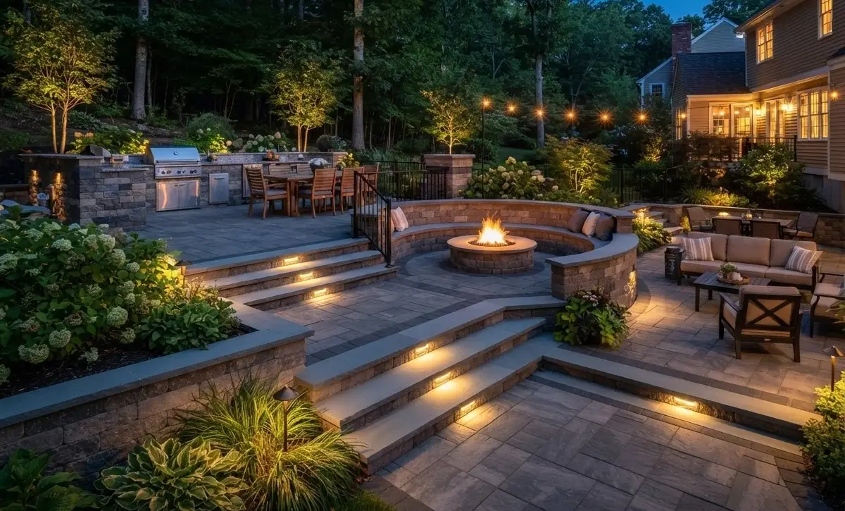 Multi-level concrete paver patio with fire pit, outdoor kitchen, landscape lighting