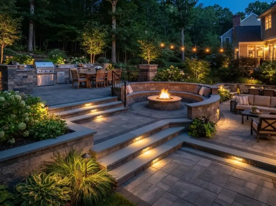 Multi-level concrete paver patio with fire pit, outdoor kitchen, landscape lighting