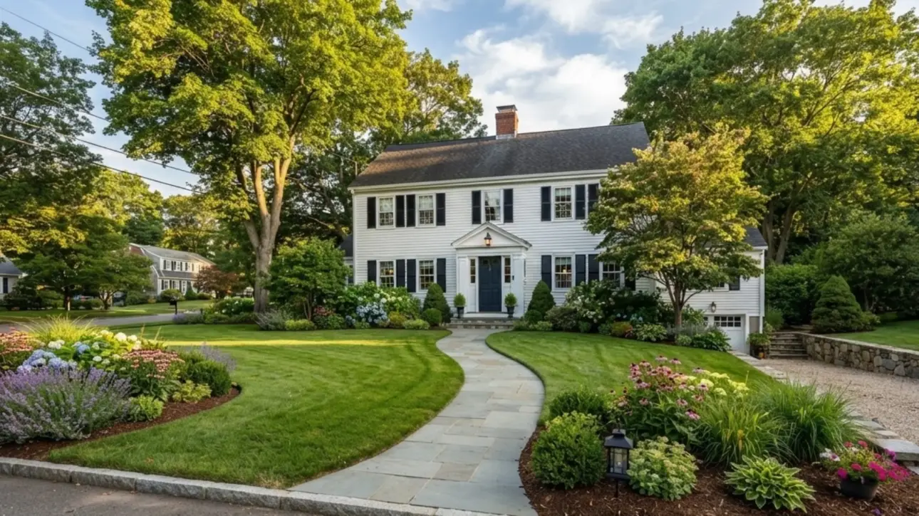 New England colonial home with landscaped front yard, stone walkway