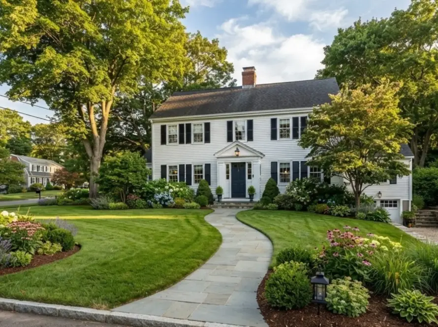 New England colonial home with landscaped front yard, stone walkway