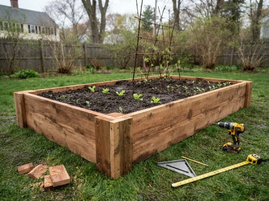 Newly built wooden raised bed with twig trellis, drill and tape measure on grass