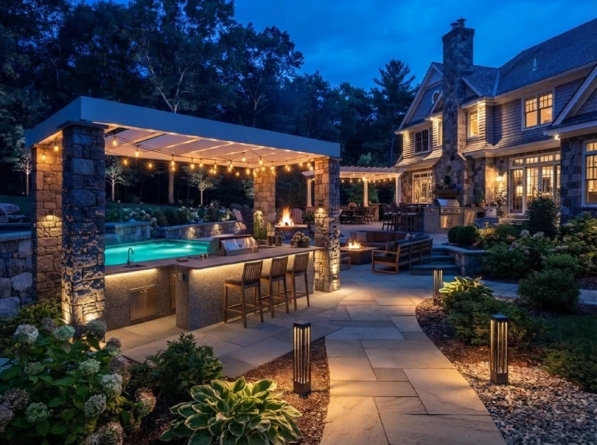 Outdoor bar pergola lighting pool twilight