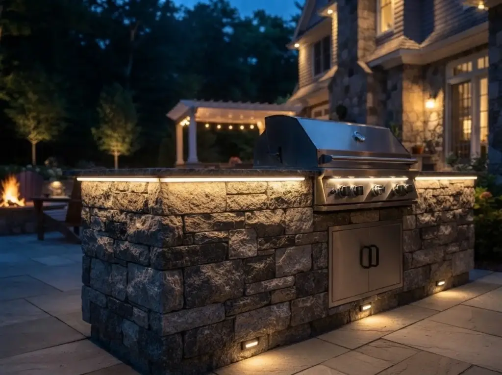 Outdoor kitchen LED strip lighting granite
