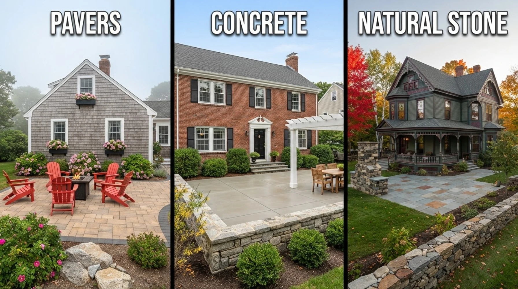 Pavers vs Concrete vs Natural Stone comparison — three Massachusetts projects