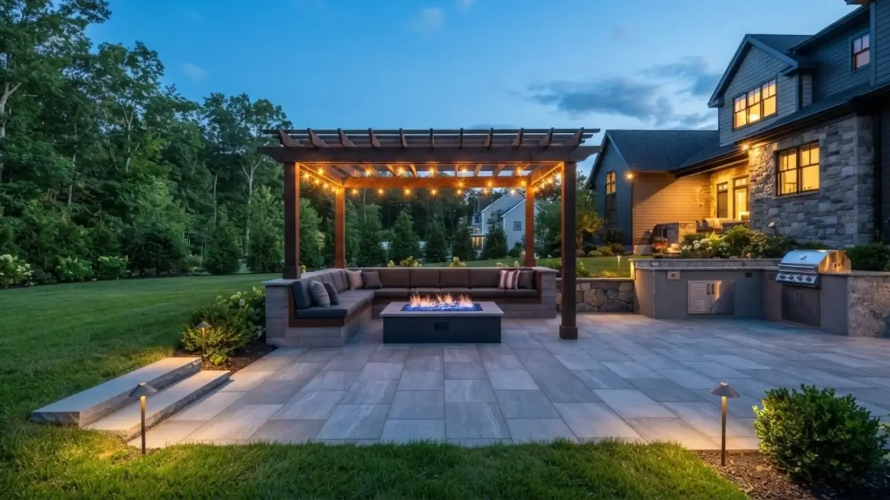 Pergola patio with fire pit, Massachusetts dusk