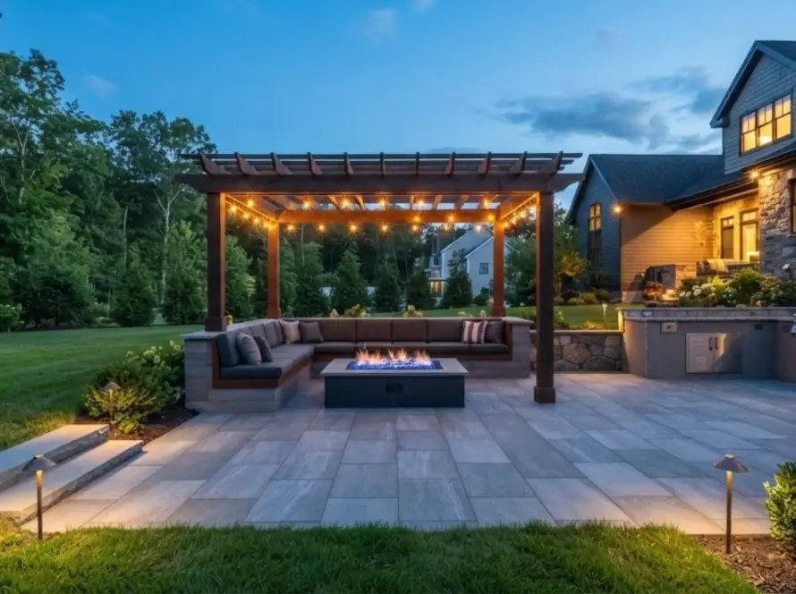 Pergola patio with fire pit, Massachusetts dusk