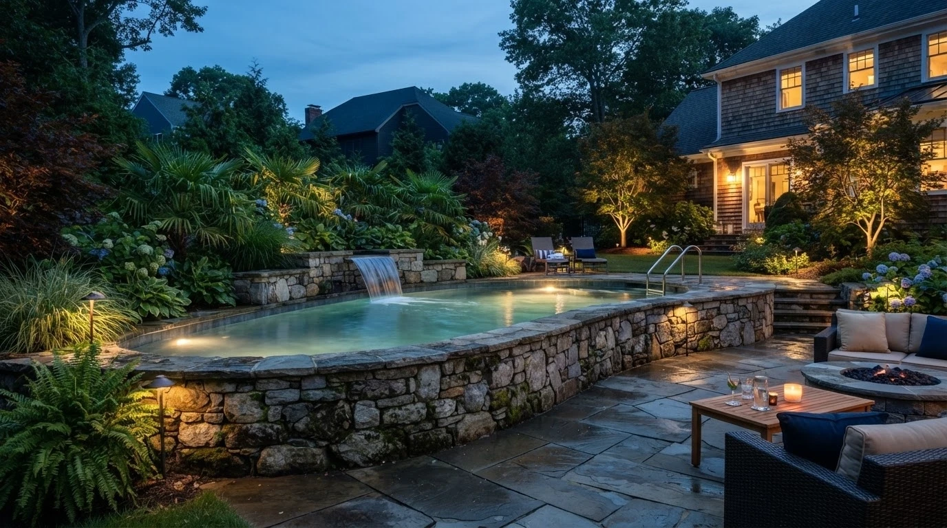 Pool retaining wall with waterfall