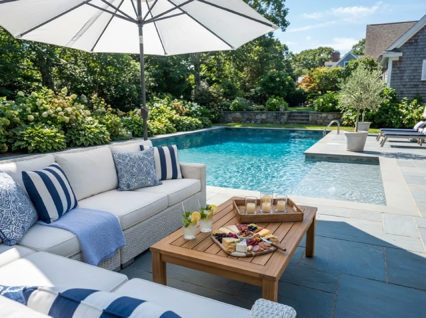 Poolside lounge in MA backyard