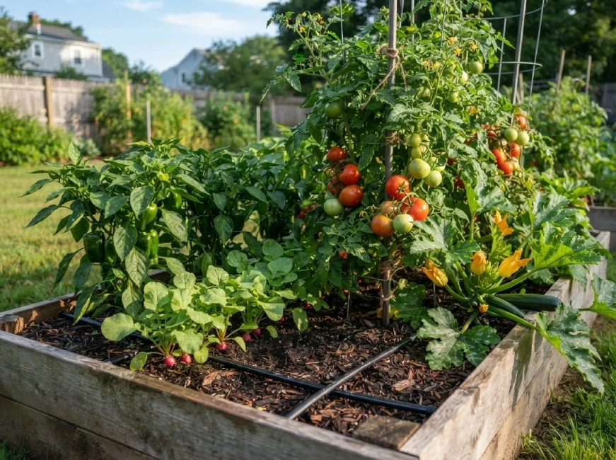 Raised bed with tomatoes, peppers, squash, and radishes with drip irrigation