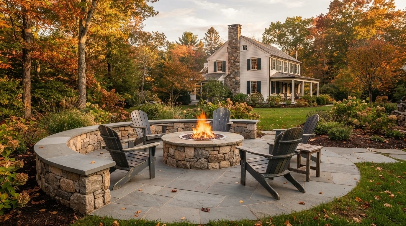 Round stone fire pit, Massachusetts fall backyard