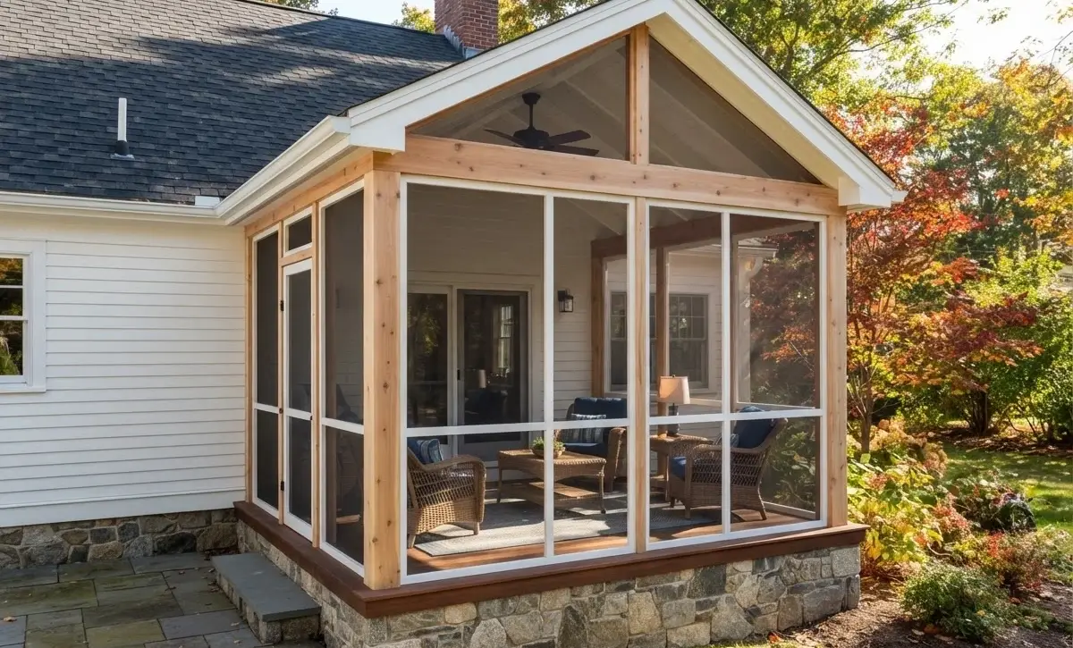 Screened cedar porch with stone knee wall, ceiling fan on colonial Cape home bluestone patio
