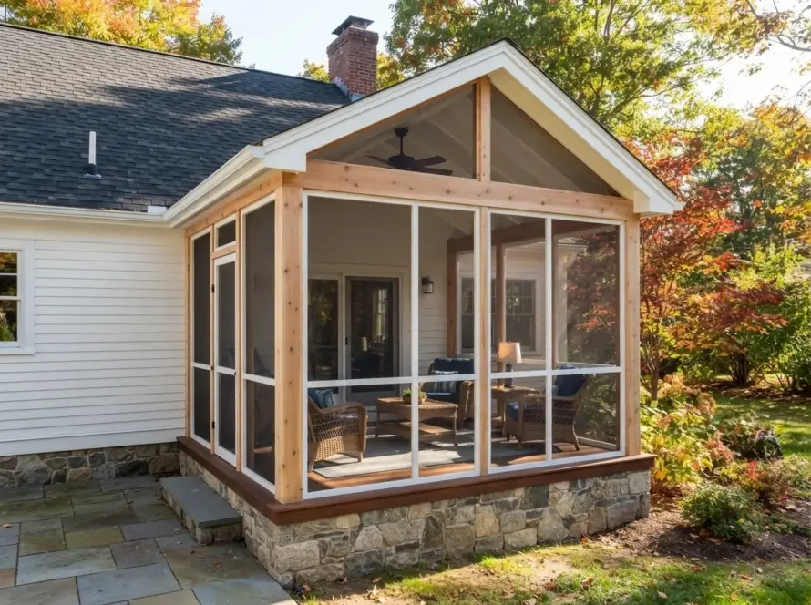 Screened cedar porch with stone knee wall, ceiling fan on colonial Cape home bluestone patio