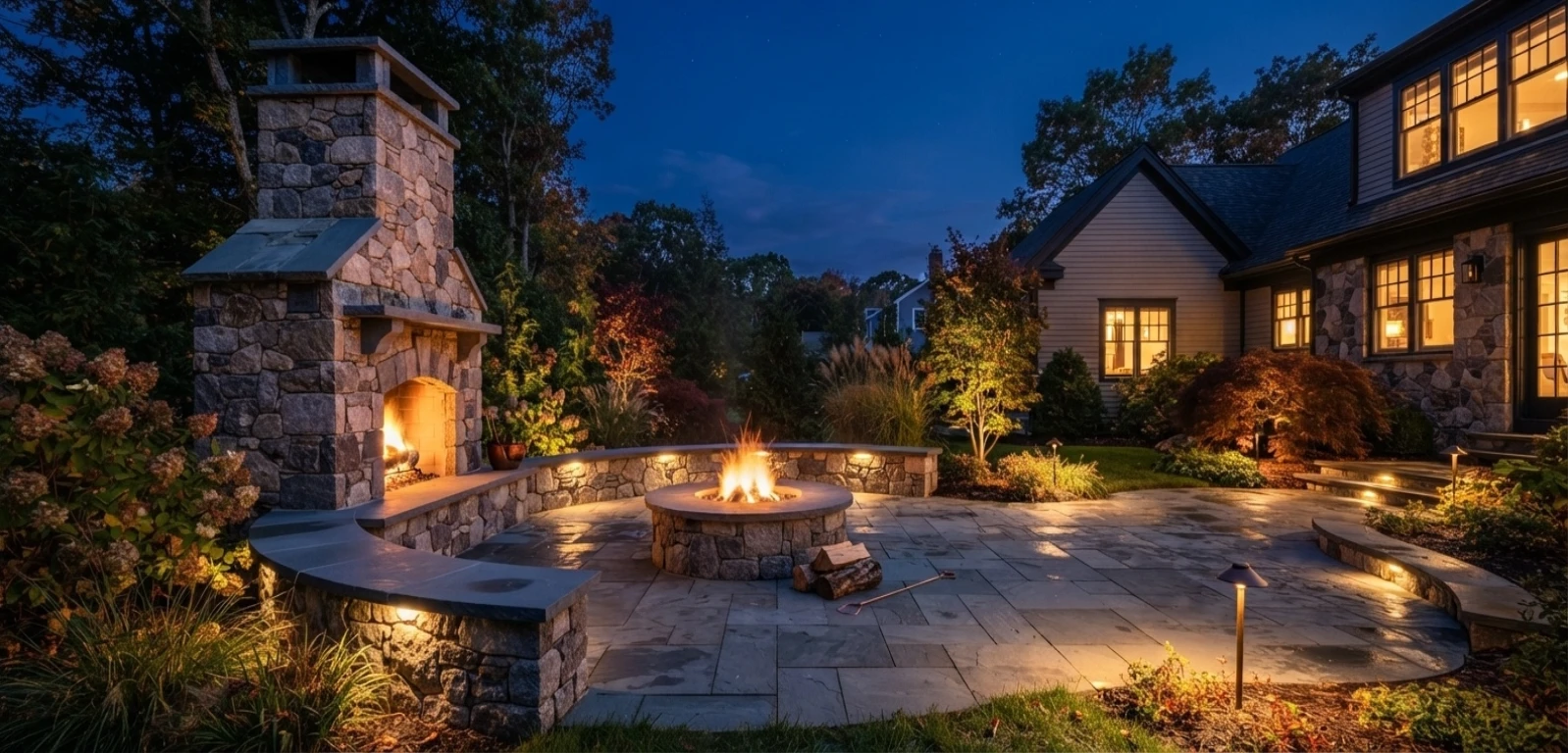 Stone fireplace and fire pit, New England patio