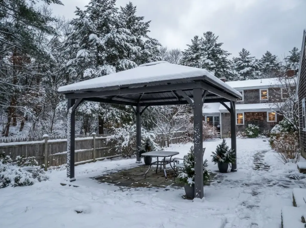 Sturdy aluminum pergola with solid roof carrying snow during Massachusetts winter
