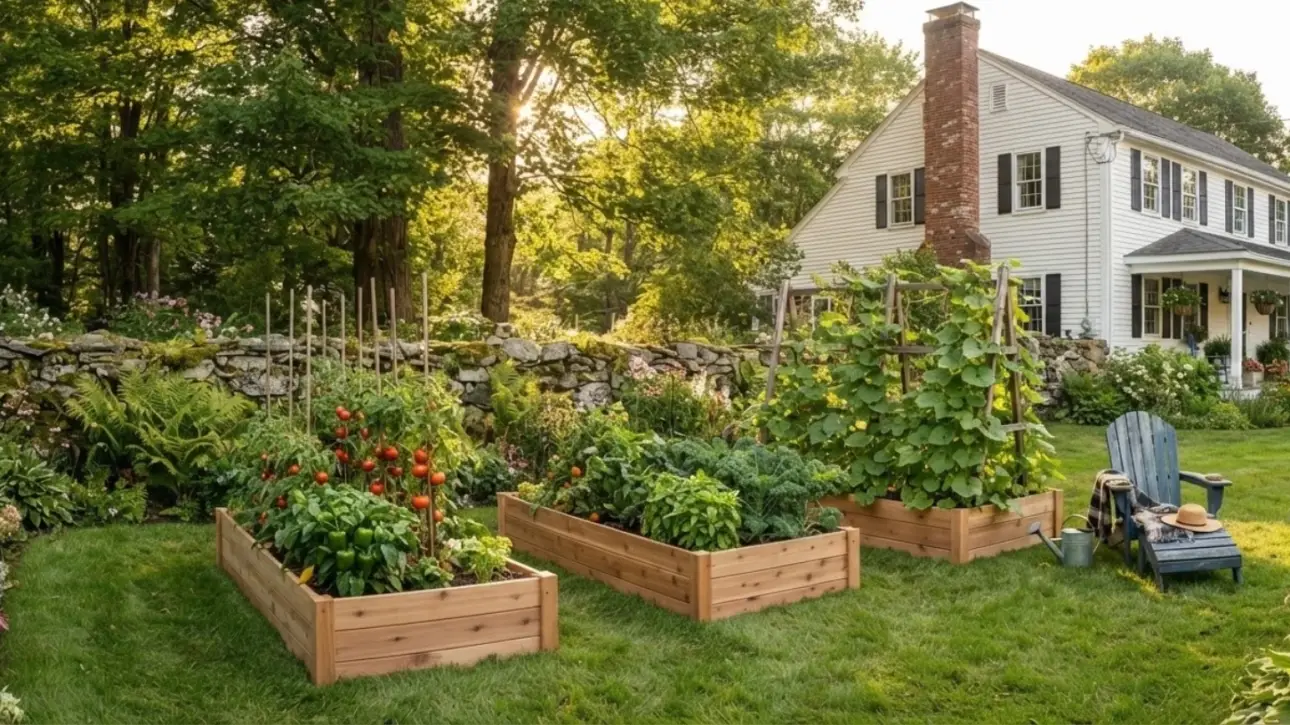 Three cedar raised beds with tomatoes, greens, squash near New England colonial home