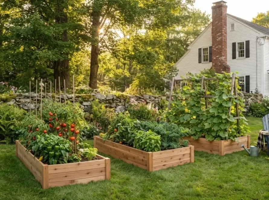 Three cedar raised beds with tomatoes, greens, squash near New England colonial home