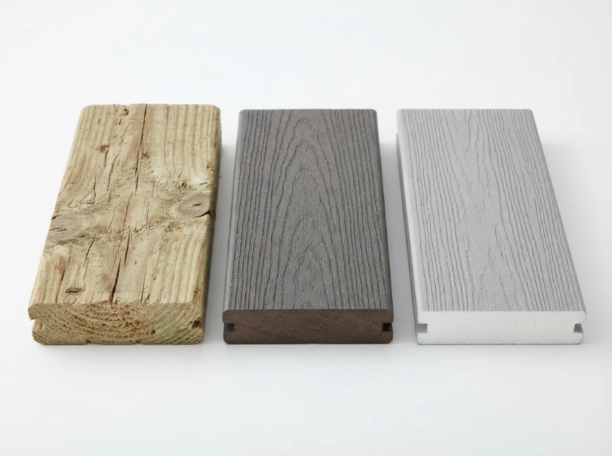 Three decking samples_ wood, composite, PVC side-by-side comparison
