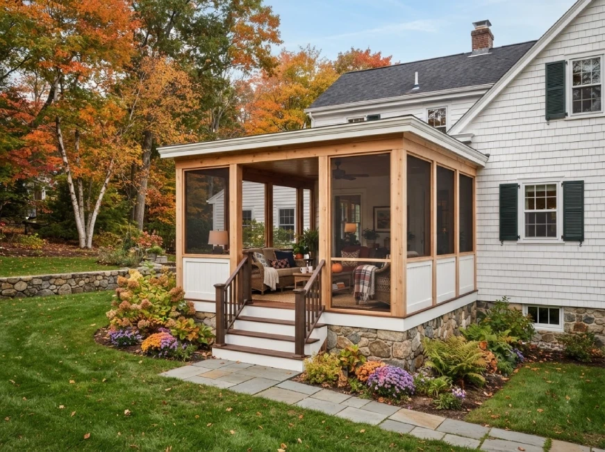 Three-season cedar screened porch addition with stone foundation on white clapboard colonial home