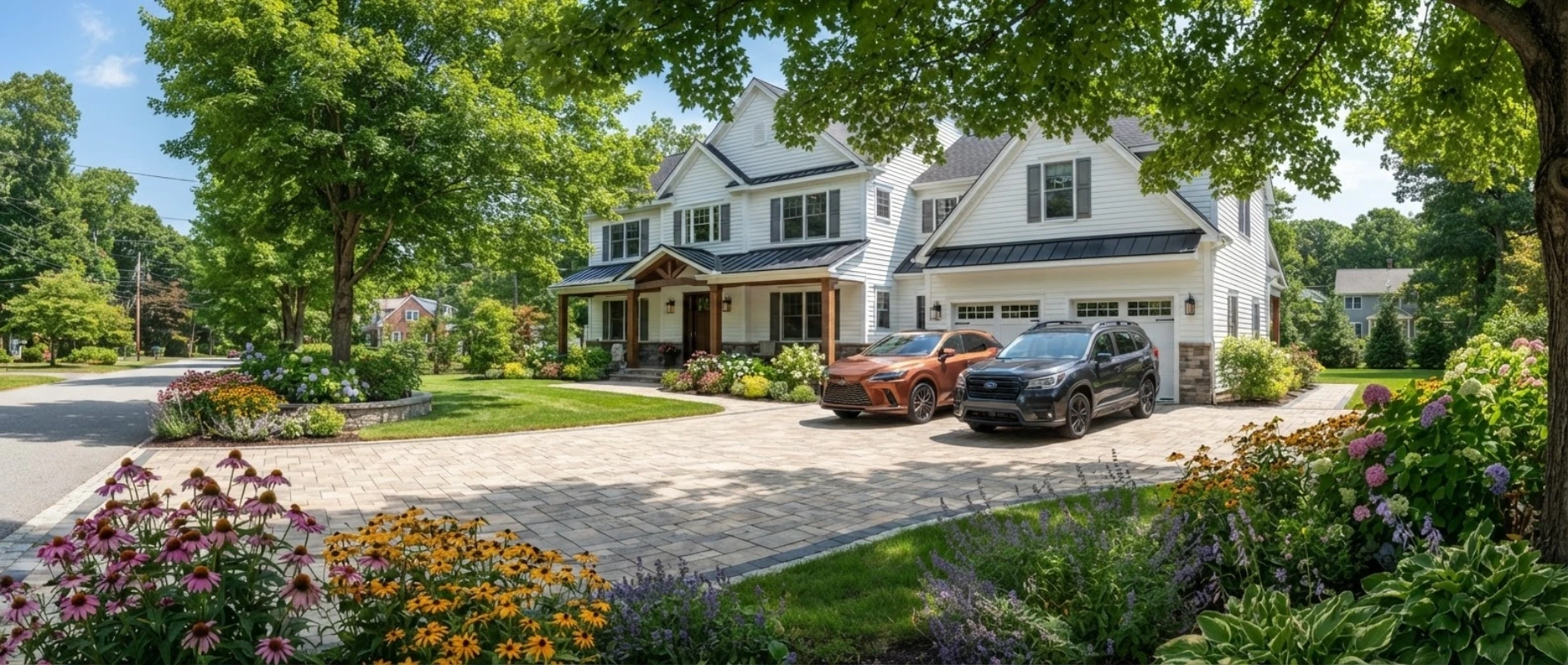 Two-tone paver driveway in North Andover Massachusetts