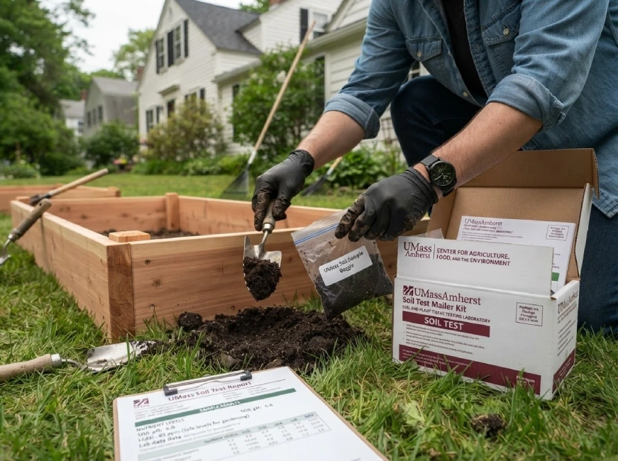 UMass Extension soil test kit with gardener sampling soil near empty raised bed