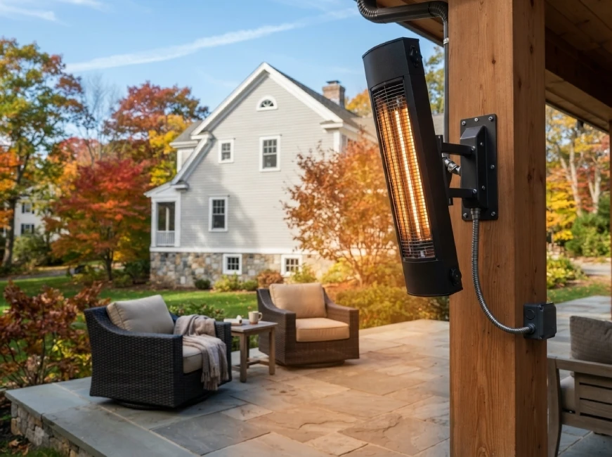Wall-mounted infrared patio heater on cedar pavilion post overlooking bluestone patio seating area