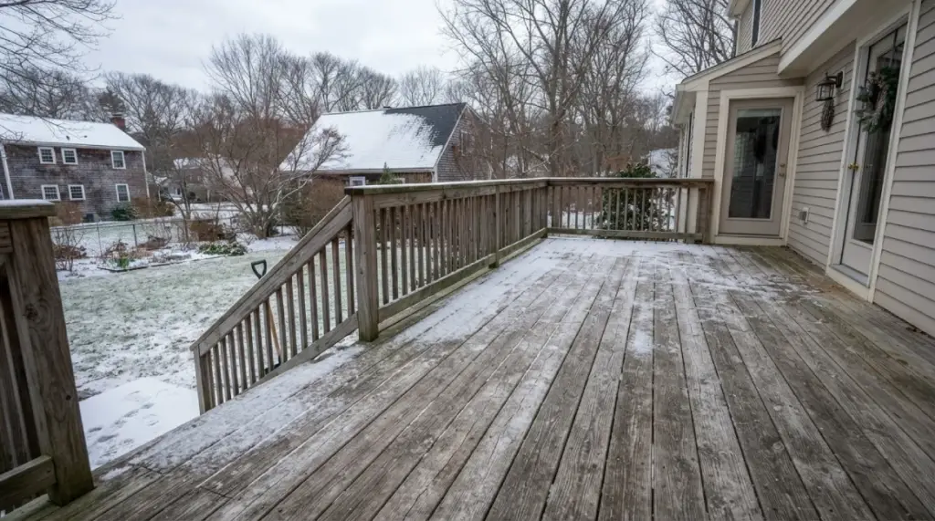 Weathered pressure-treated wood deck in winter