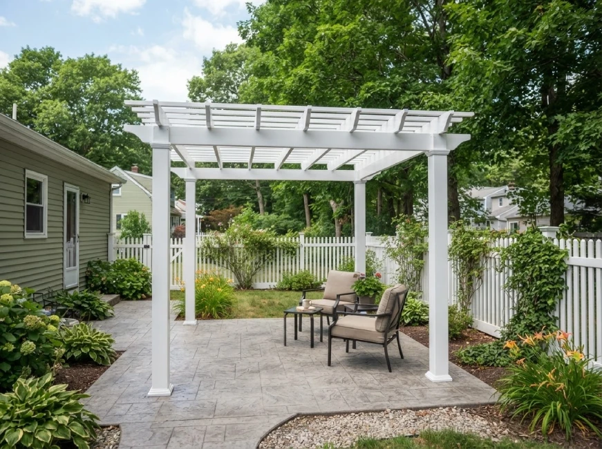 White vinyl pergola on stamped concrete patio, budget-friendly Massachusetts backyard