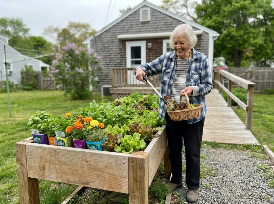 Woman harvesting herbs and lettuce from elevated accessible raised bed