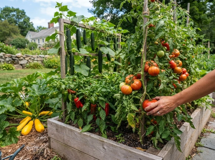 Wooden raised bed with tomatoes, cucumbers, yellow squash, and peppers in harvest