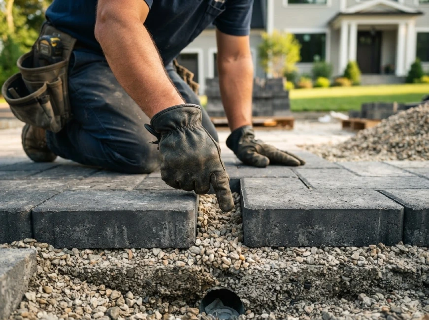 compacted gravel base during Massachusetts paver driveway installation