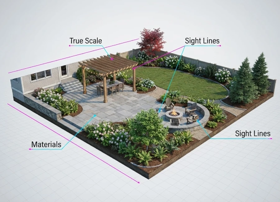 Andover MA 3D landscape diagram with sight lines and scale annotations