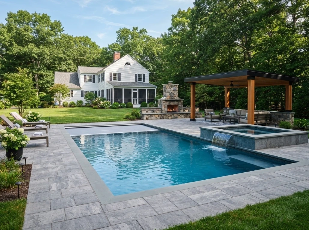 Andover Massachusetts pool with waterfall, stone fireplace, and modern pavilion