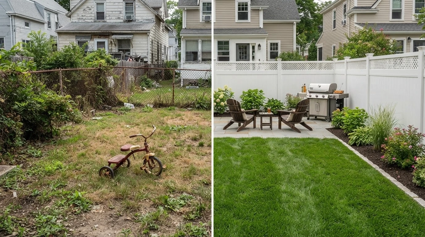 Before after fence vinyl Massachusetts backyard